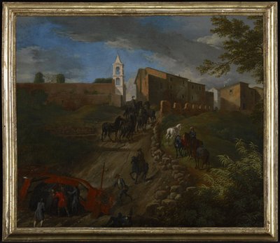 Kutsche und Reisende bei Madonna del Riposo in der Nähe von Rom von Pieter van Bloemen